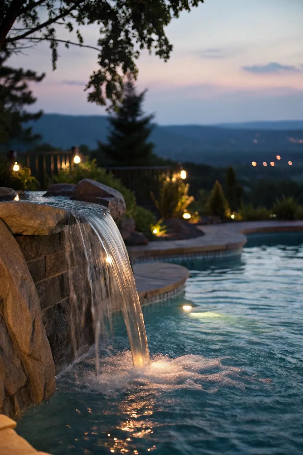 Innovative lighting turns your waterfall into a nighttime spectacle.