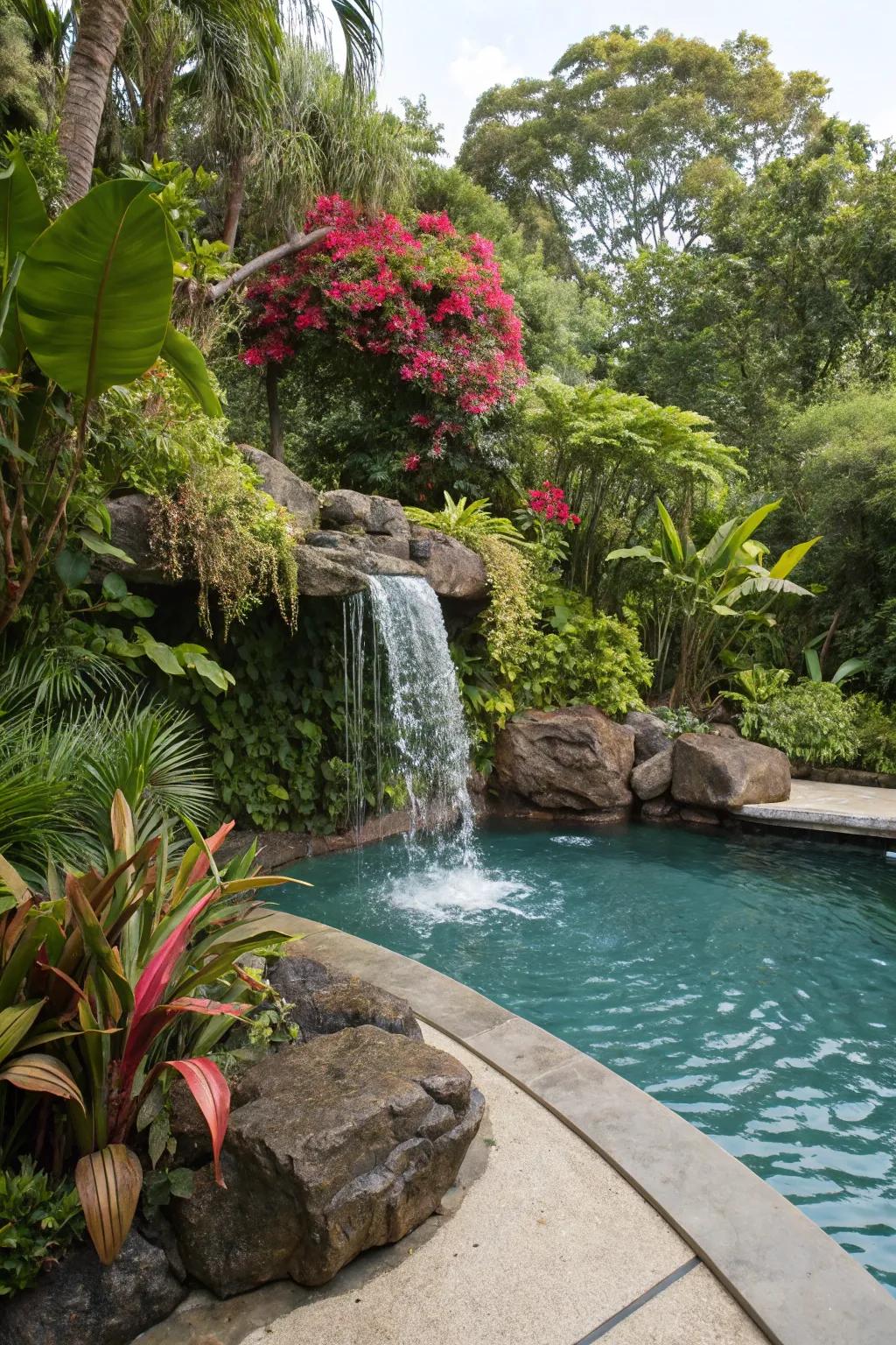 Lush greenery around your waterfall enhances the pool’s natural charm.
