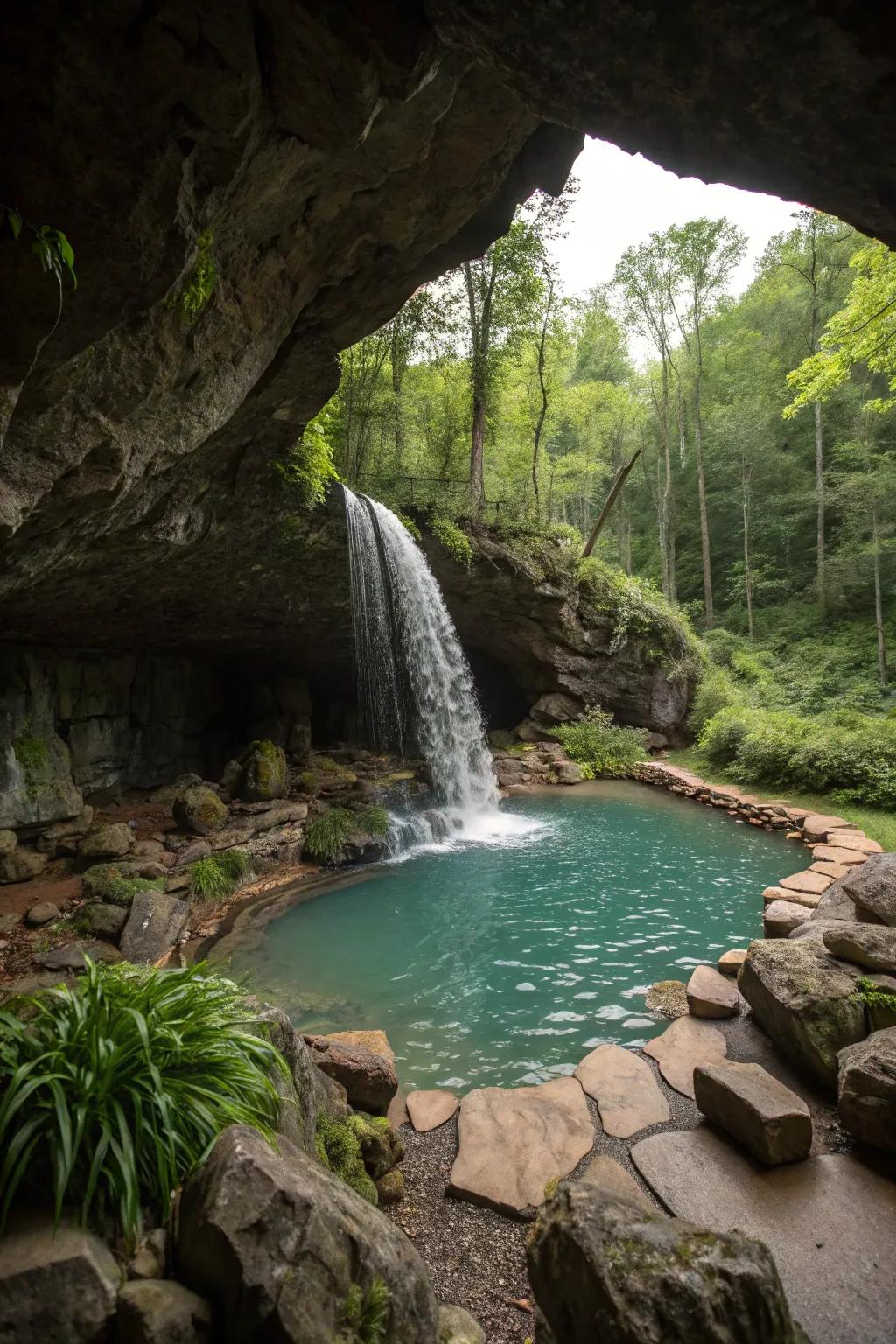 A grotto waterfall provides a whimsical and mysterious poolside feature.