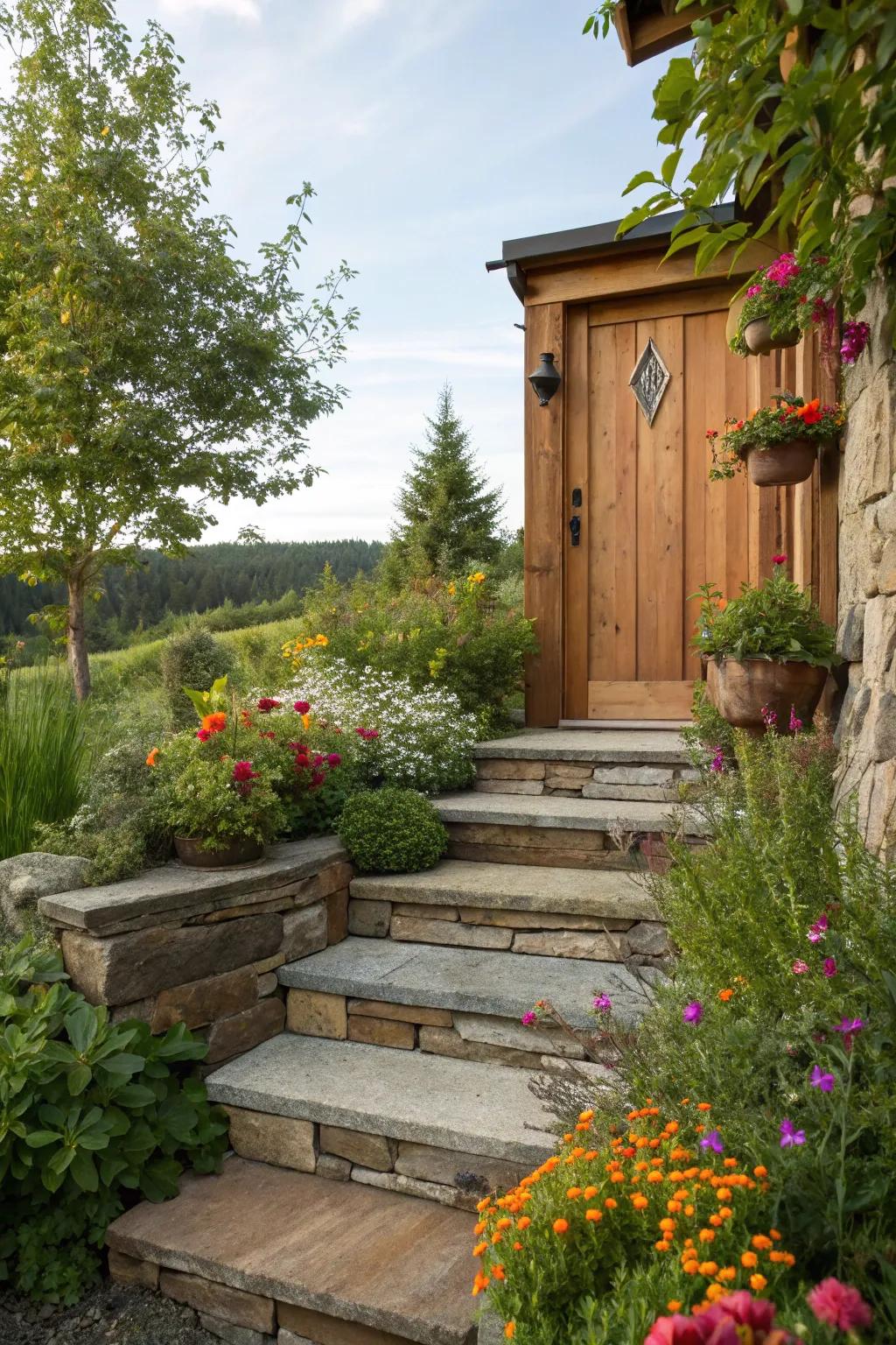 Mixed materials create a visually interesting and dynamic design.