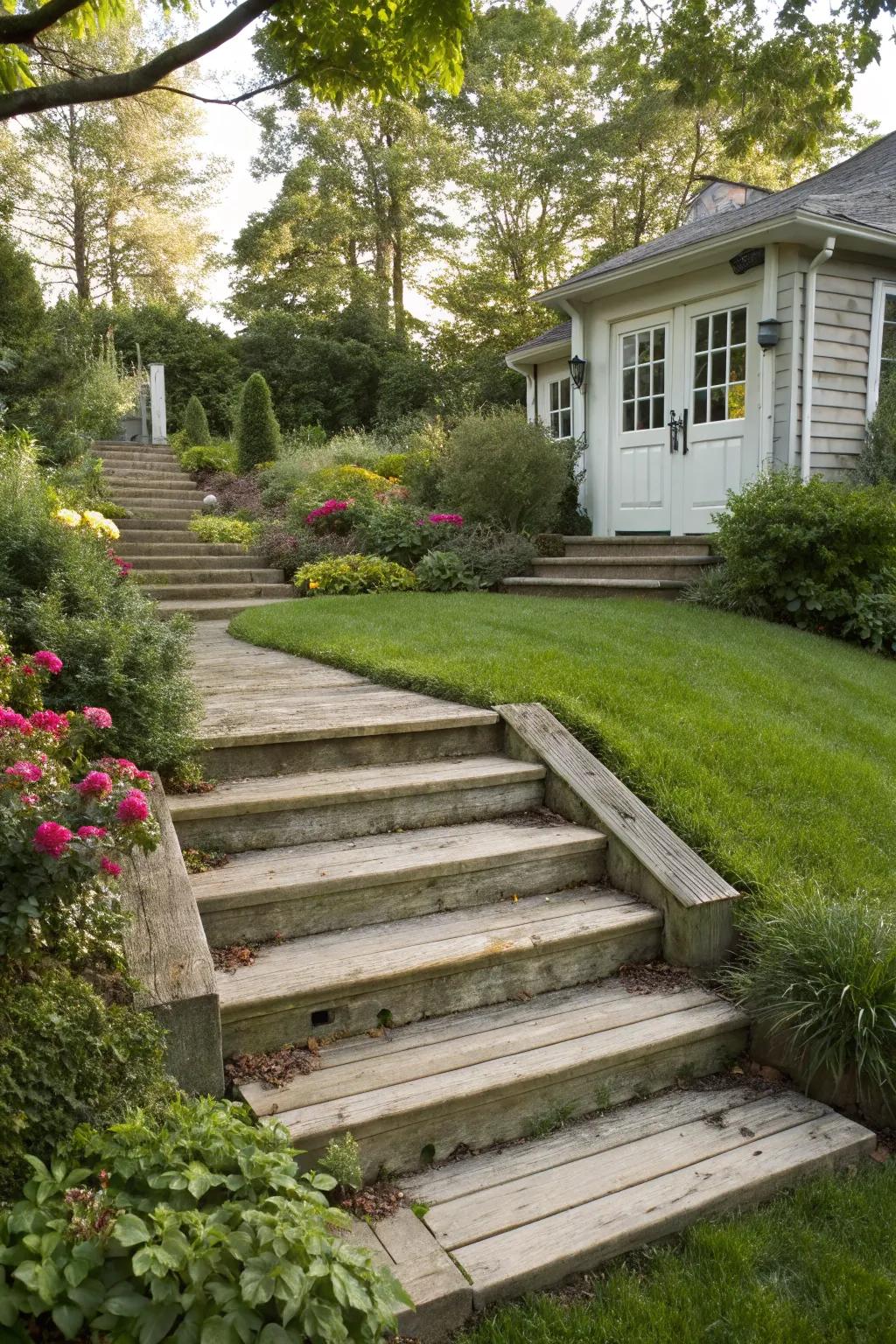 Wide steps create a grand and inviting entrance.