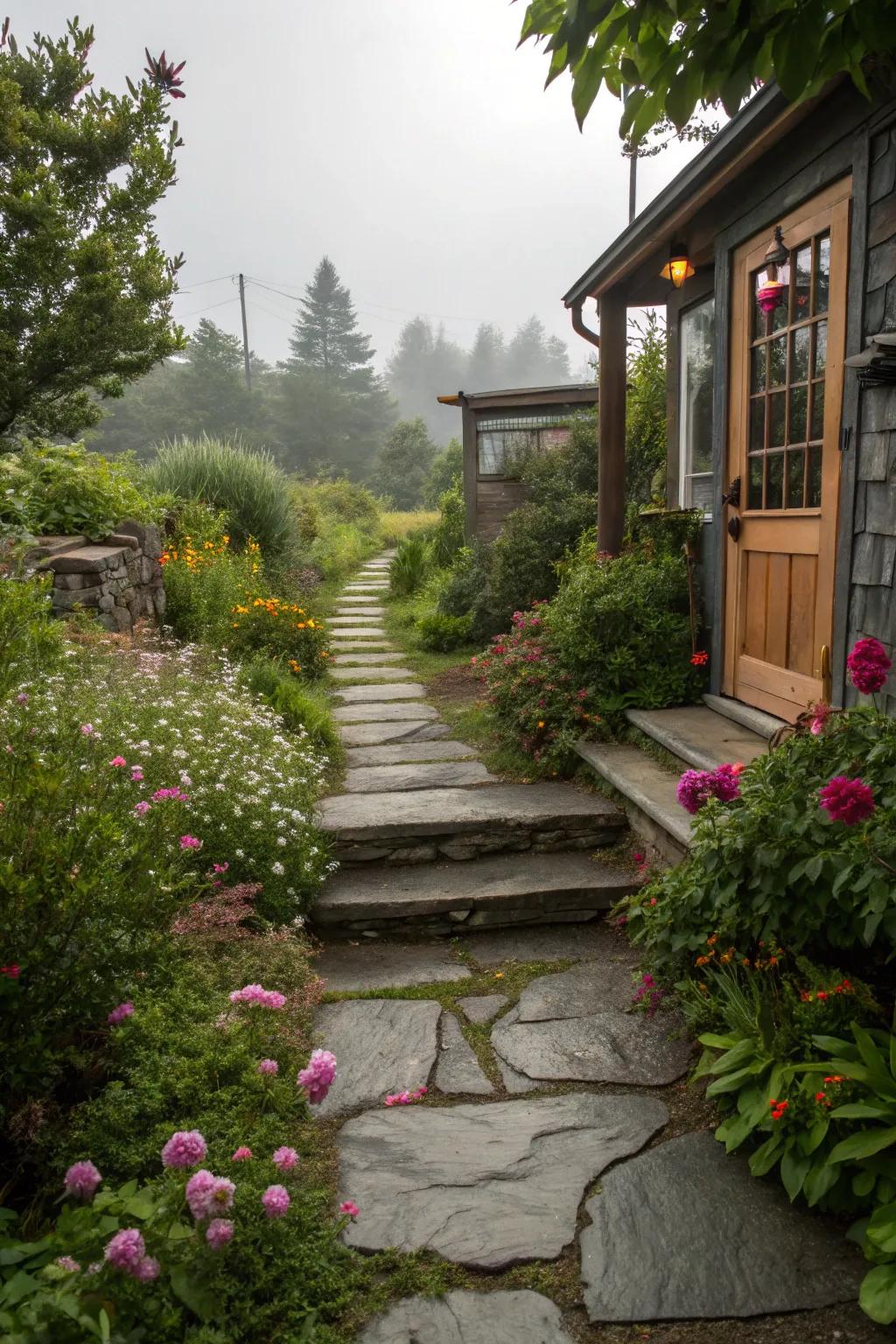 Stone pathways offer an elegant transition to your back entrance.
