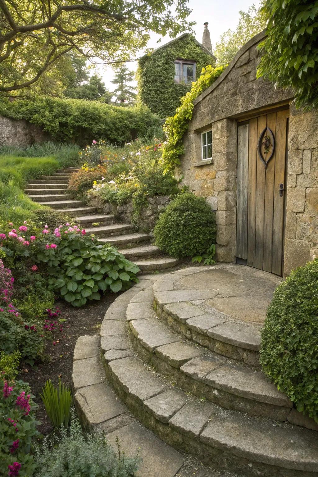 Curved steps offer elegance and seamlessly blend with garden paths.