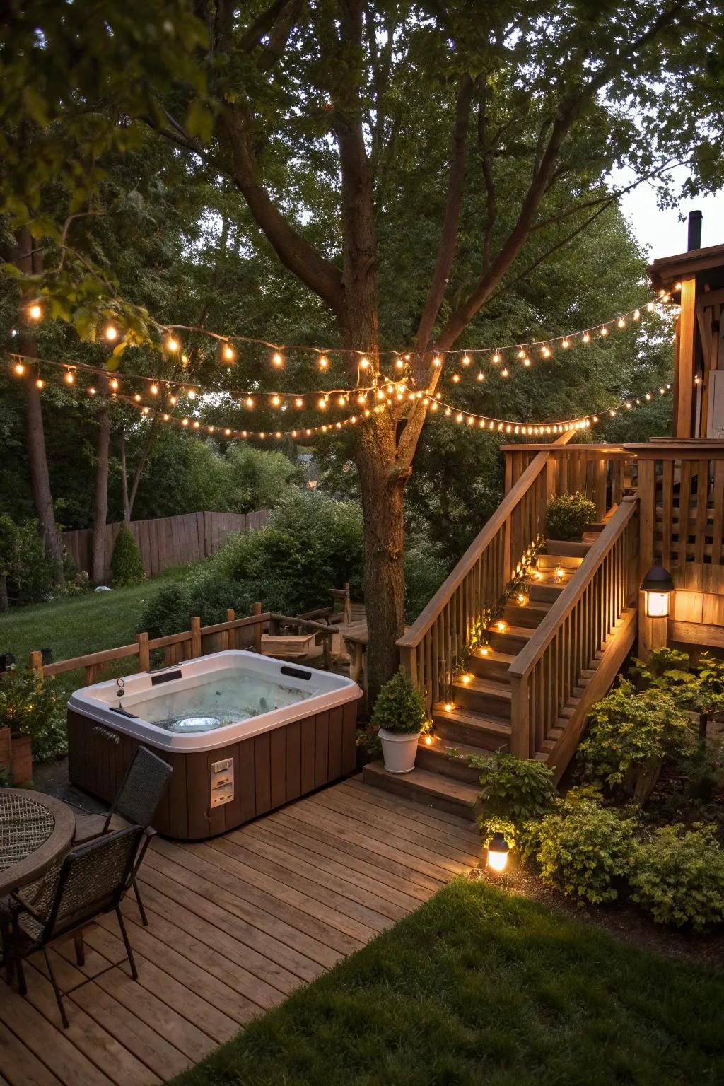 String lights add a magical atmosphere to your nighttime hot tub experience.