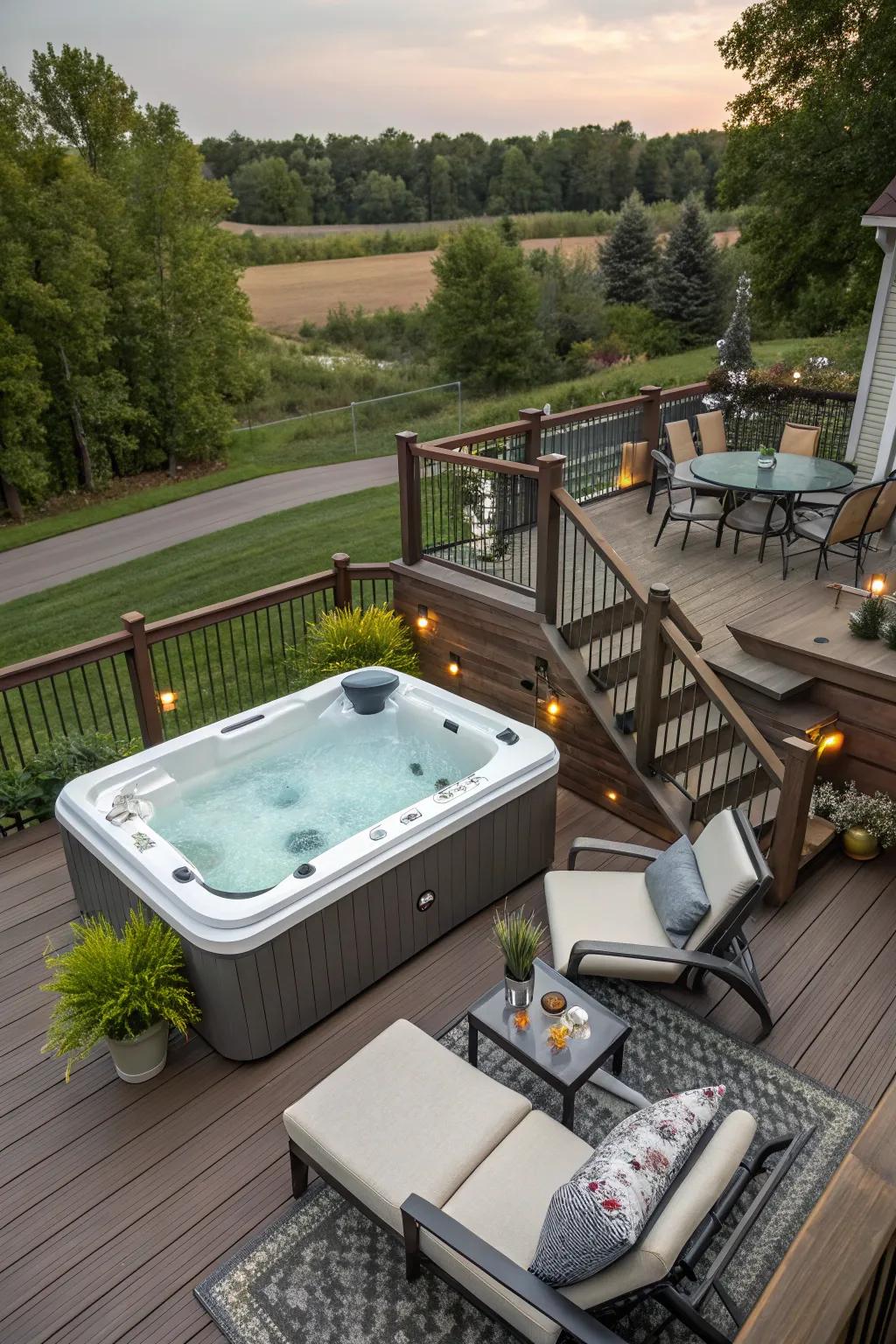 Multi-level decking adds interest and functionality to your hot tub space.