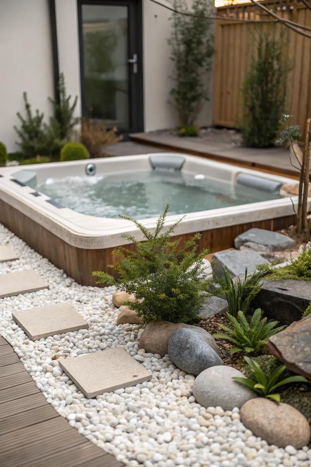 A Zen garden vibe brings peace and simplicity to your hot tub area.