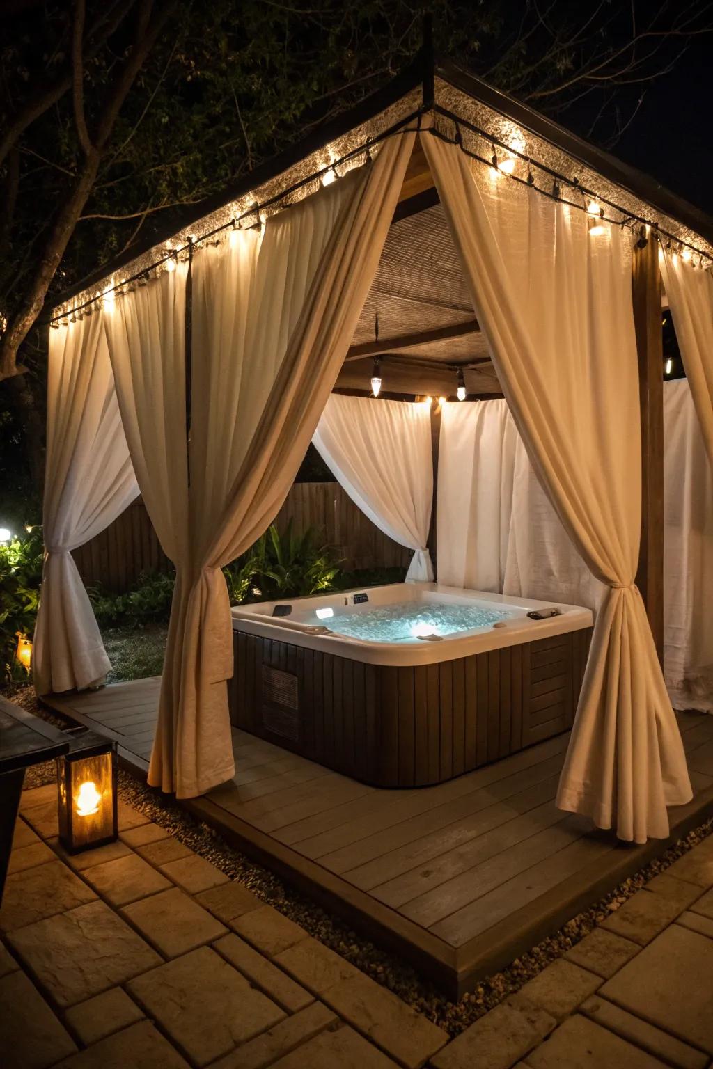 Drapes provide privacy and a romantic touch to your hot tub.