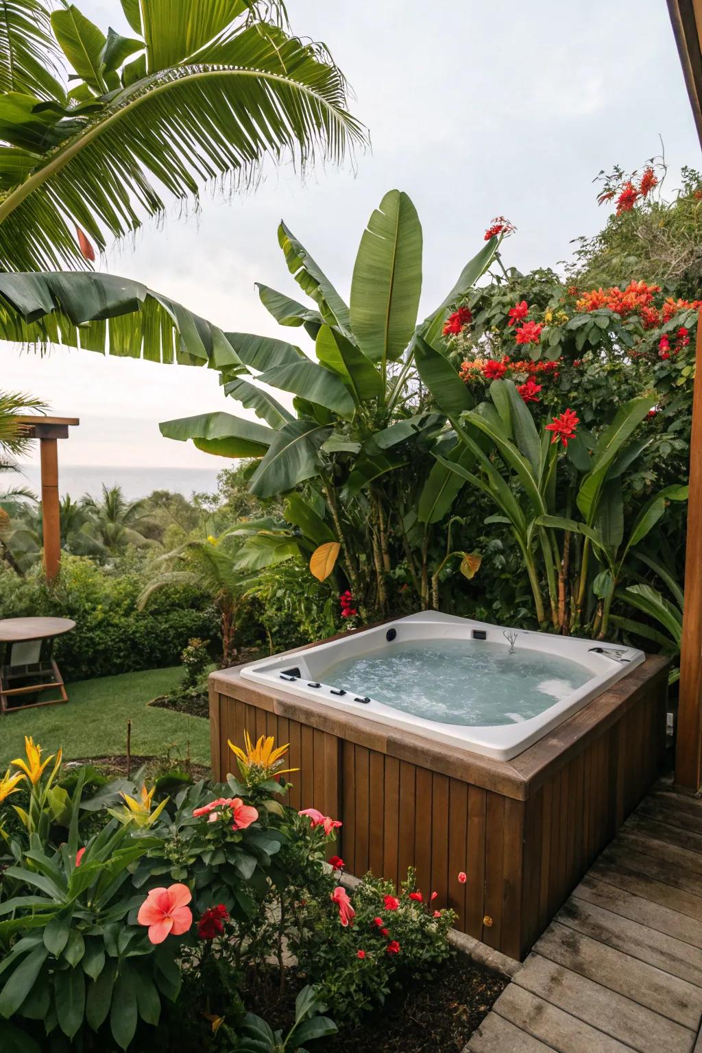 Tropical plants create an exotic escape in your backyard hot tub area.