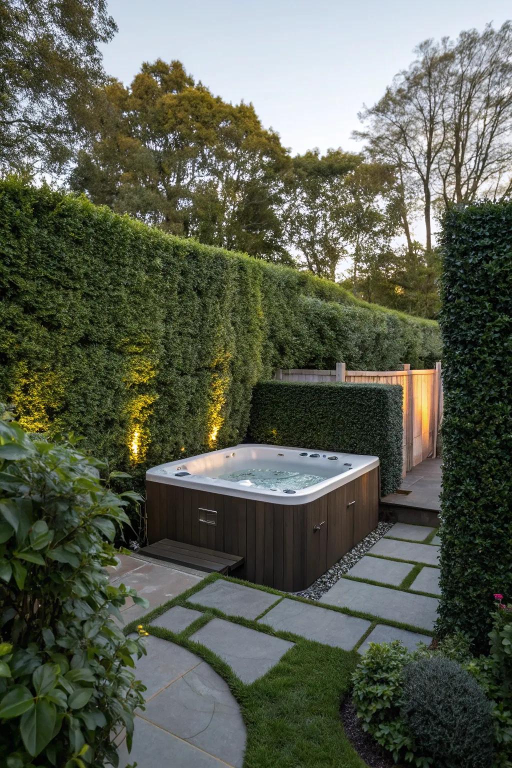 Hedges provide privacy and a touch of elegance to your hot tub area.