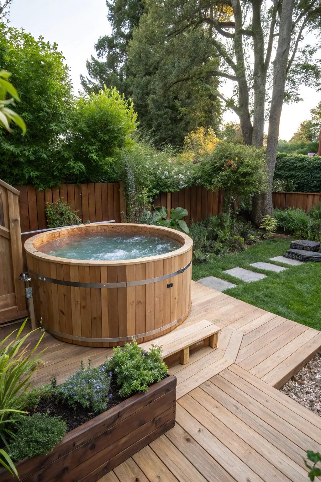 Natural wood cladding blends your hot tub with the garden environment.