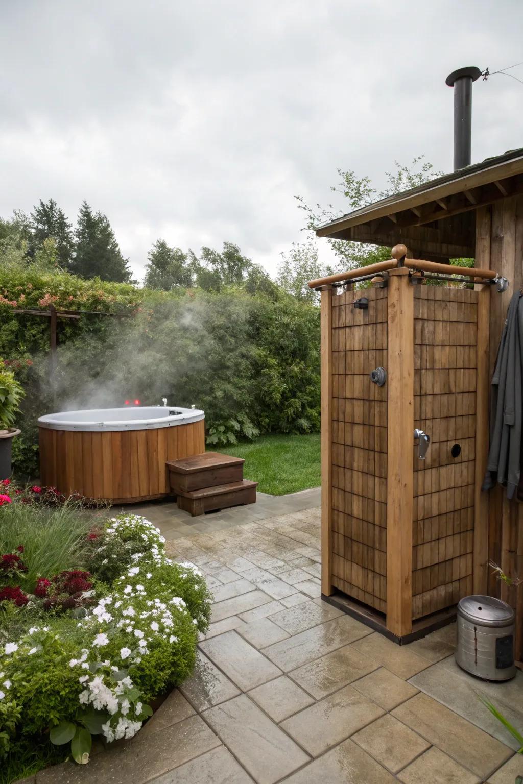 An outdoor shower offers convenience and refreshment near your hot tub.