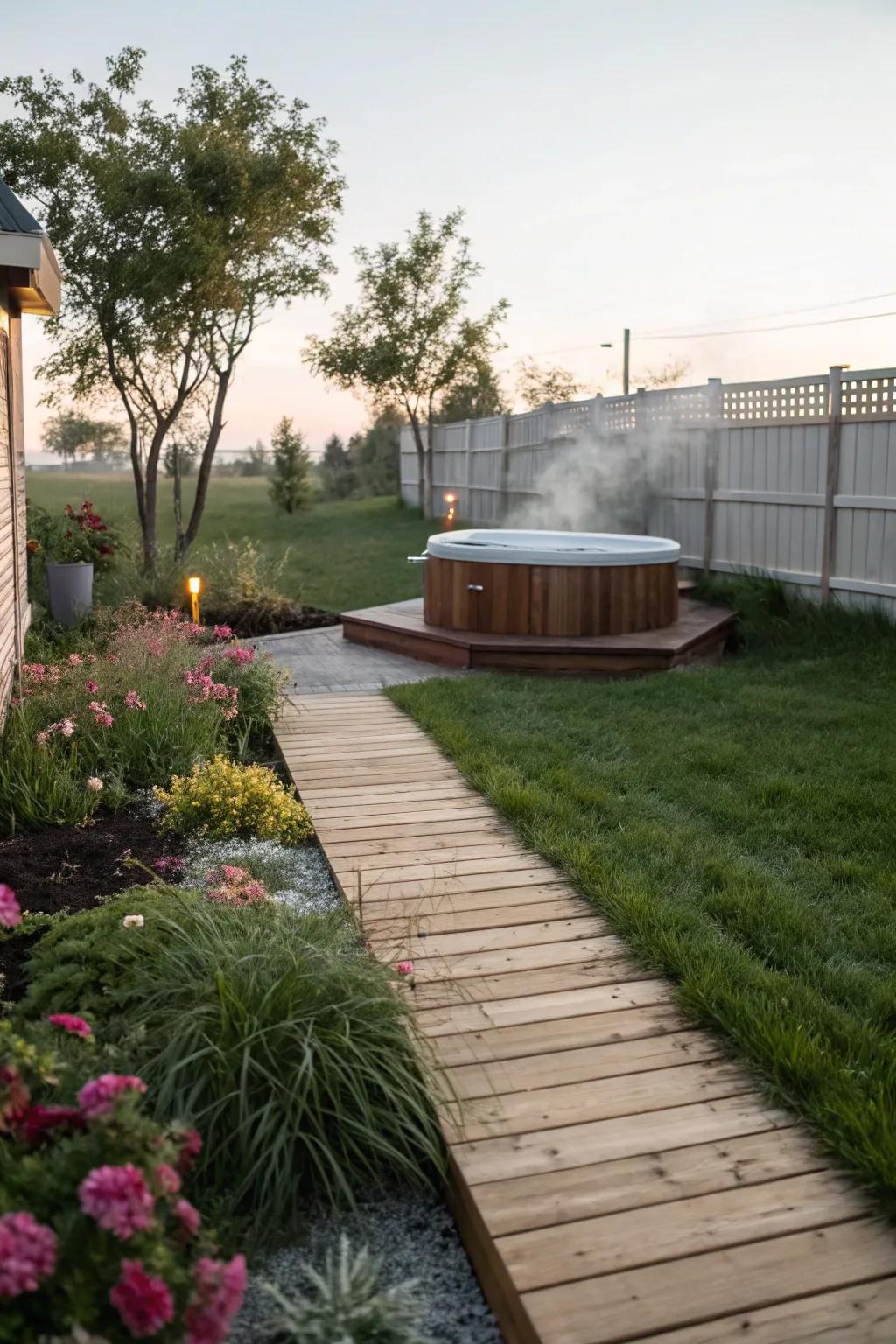 A wooden walkway adds elegance and function to your hot tub area.