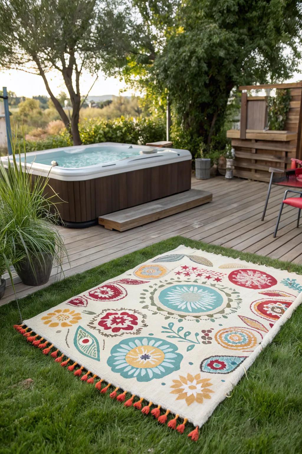 Outdoor rugs add color and comfort to your hot tub setting.
