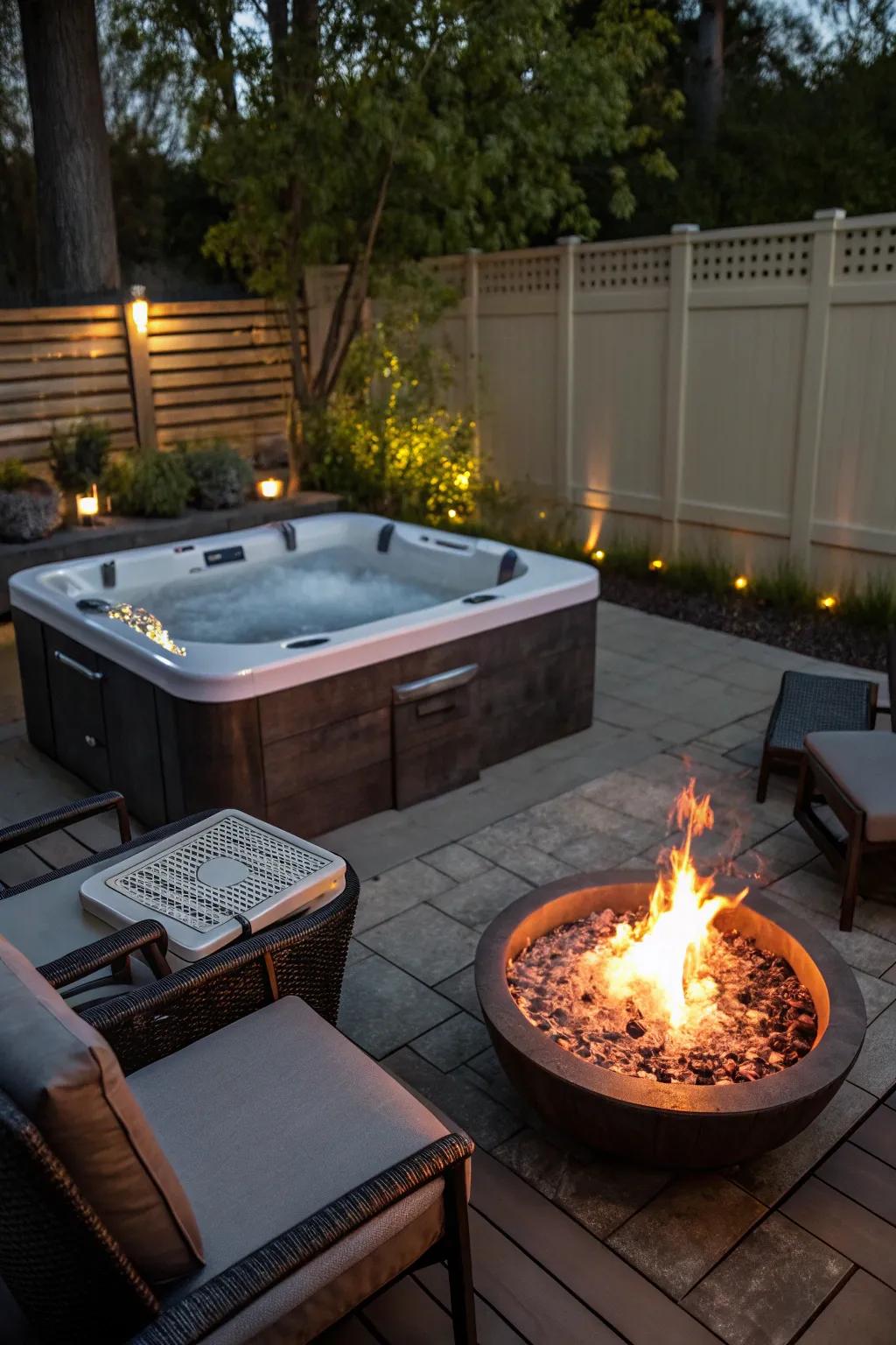 A fire pit adds warmth and a cozy atmosphere to your hot tub area.