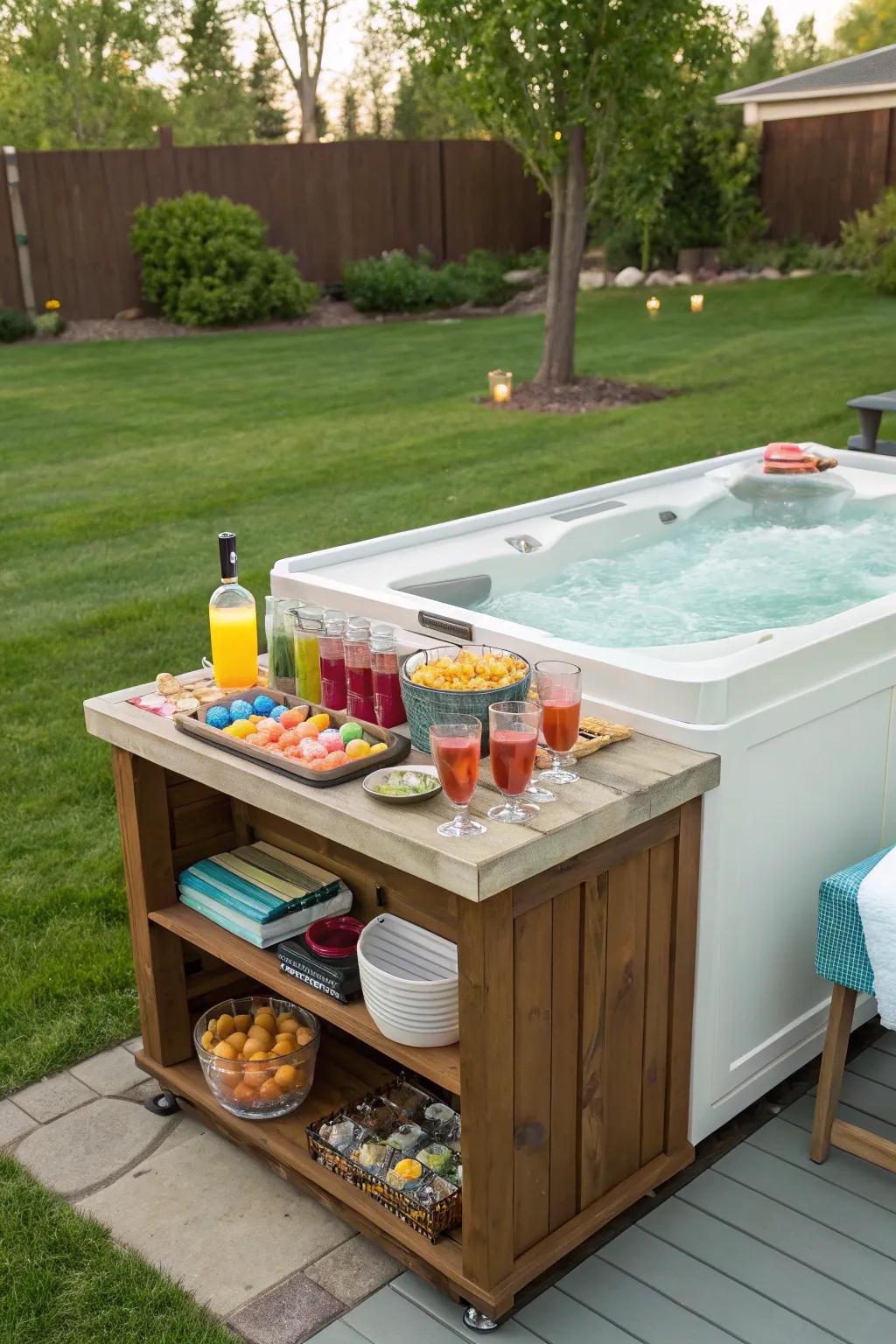 An outdoor bar adds convenience and fun to your hot tub space.