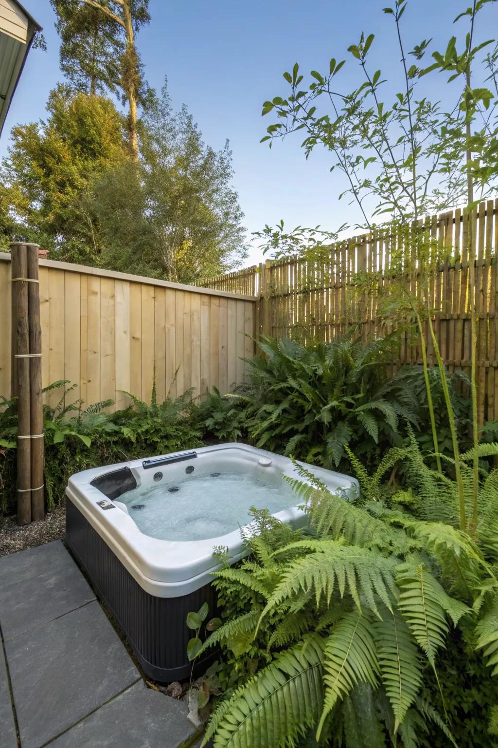 Create a natural retreat with lush greenery around your hot tub.