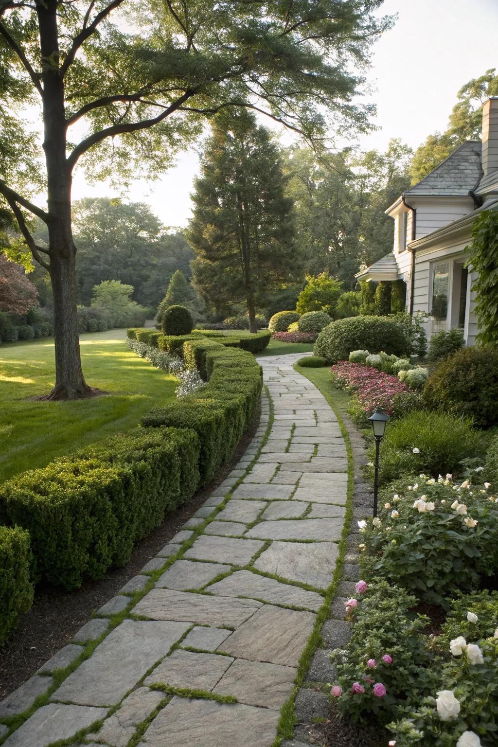 A charming stone pathway adds character and guides guests to your door.