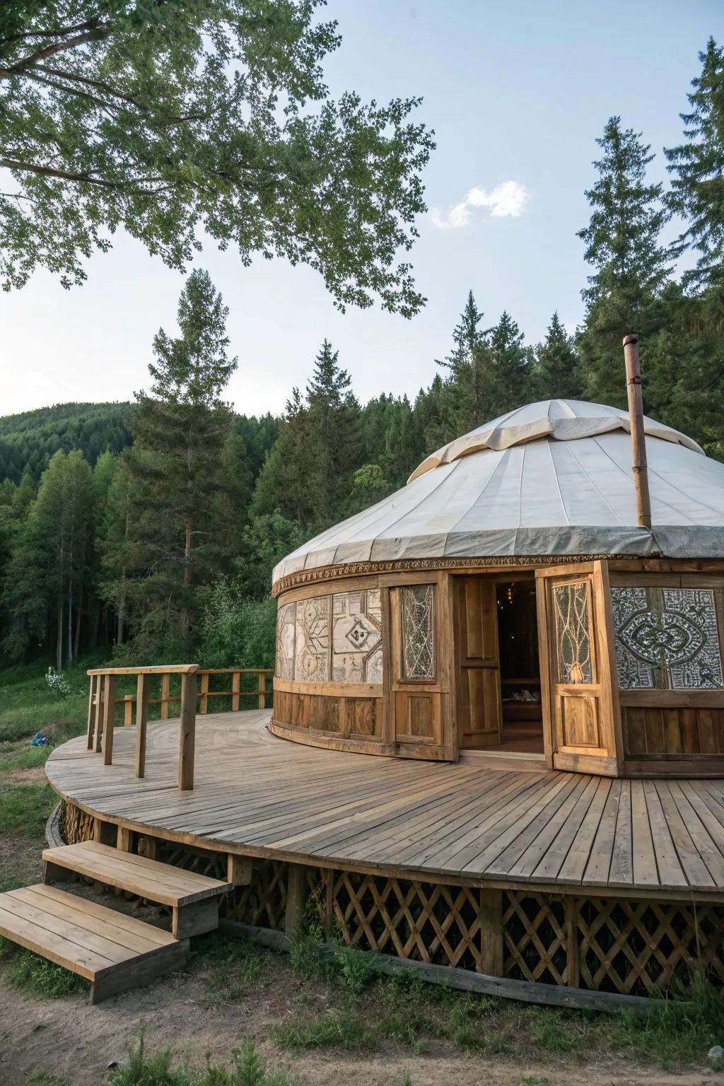 A classic wooden platform elevating a yurt amidst the tranquility of the forest.
