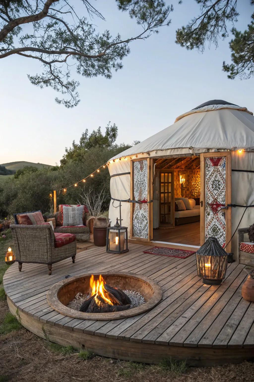 A fire pit integrated platform perfect for warmth and social gatherings.