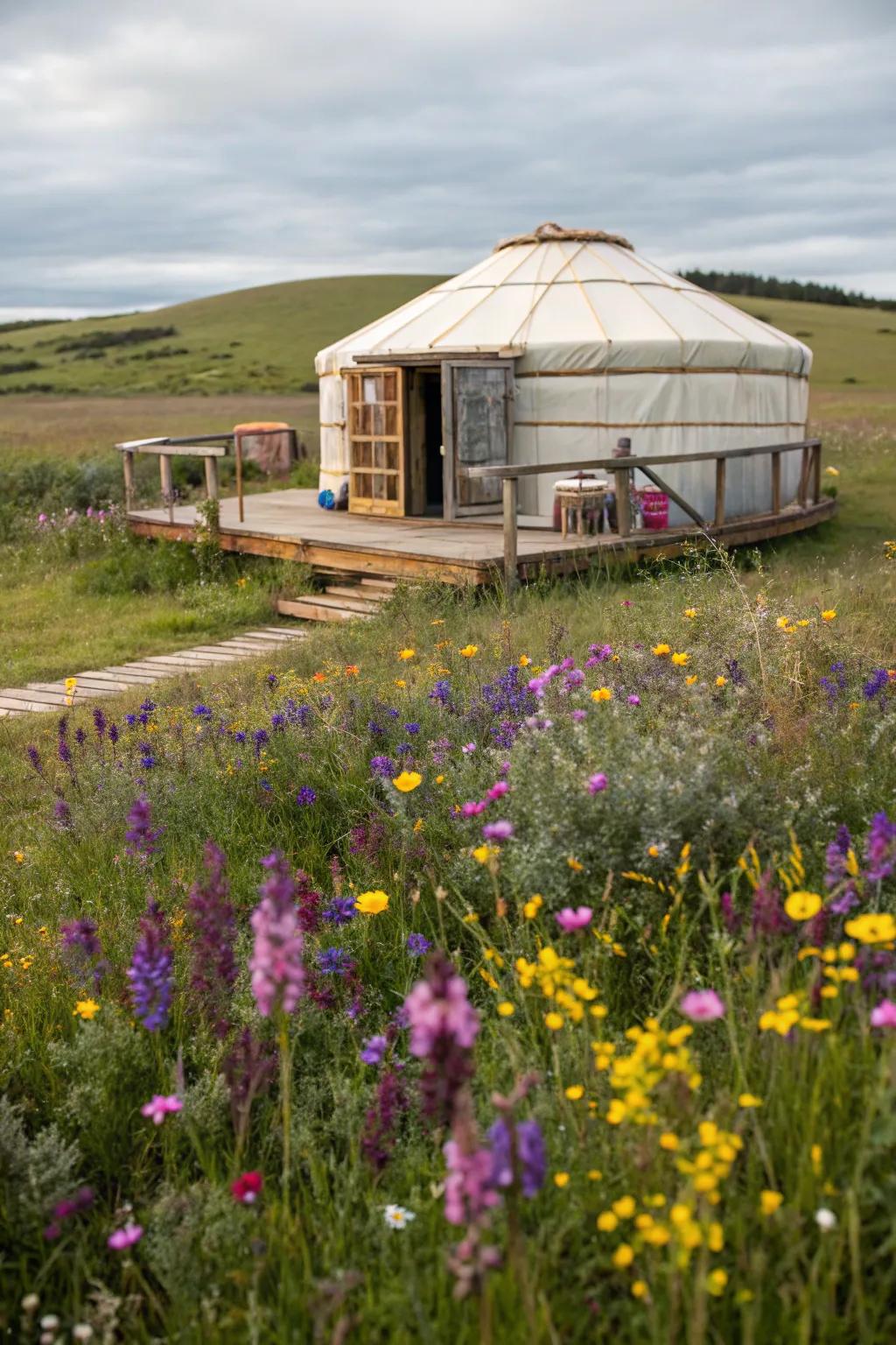 A wildflower-encircled platform infusing beauty and color into the yurt setting.