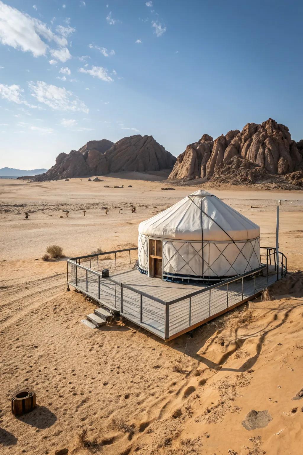 A modern metal frame platform providing a minimalist and stylish base for a yurt.