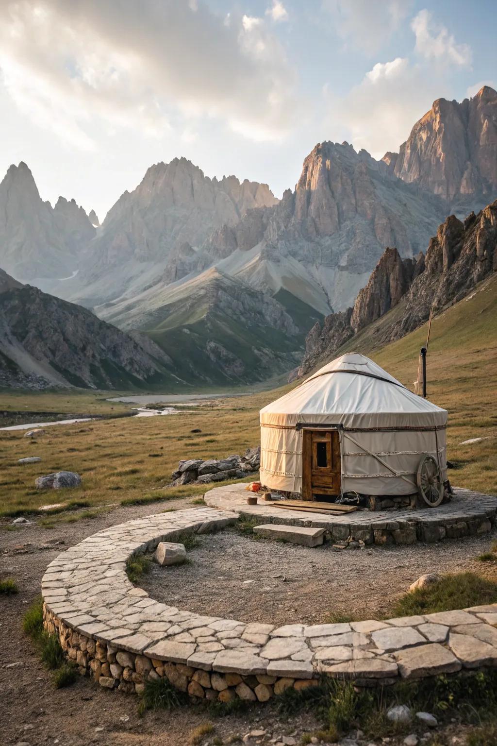A stone platform providing a rustic and durable foundation for a yurt.