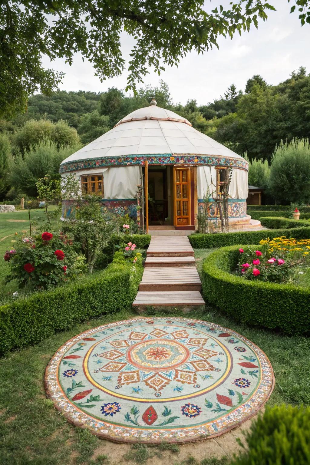 An artistic mosaic platform transforming the yurt base into a stunning visual centerpiece.