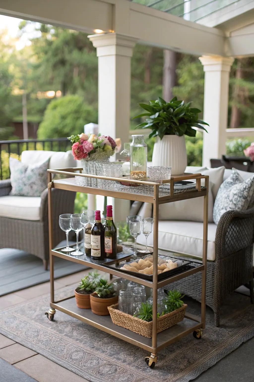 A bar cart adds functionality and style to your patio.