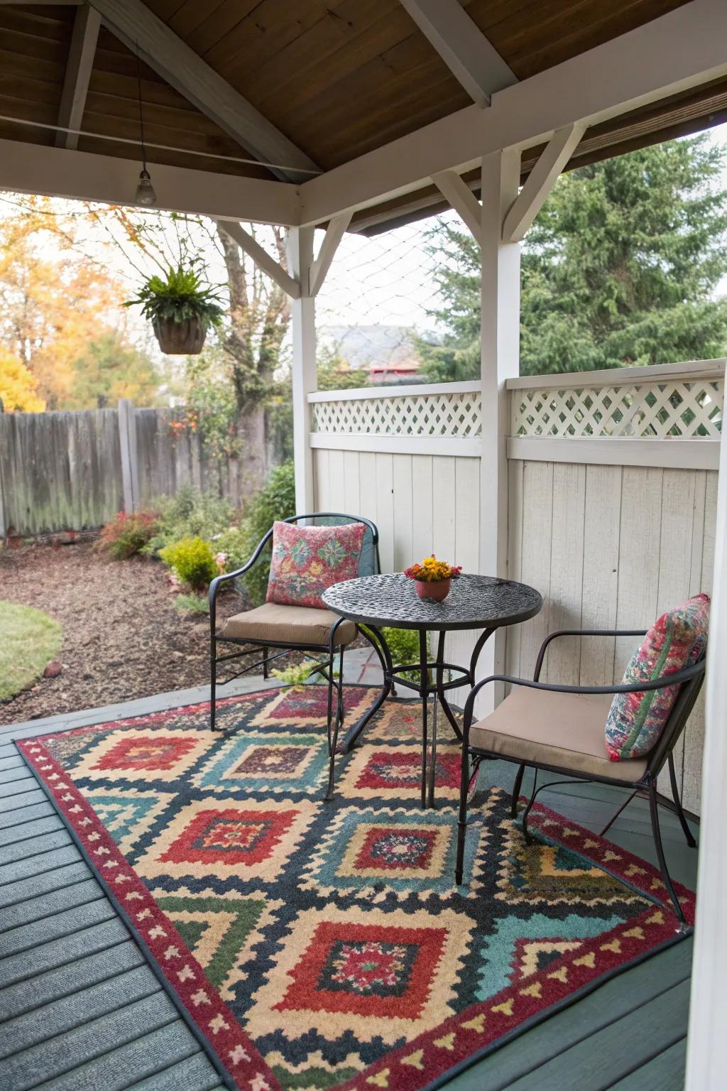 Rugs bring cohesion and comfort to outdoor spaces.
