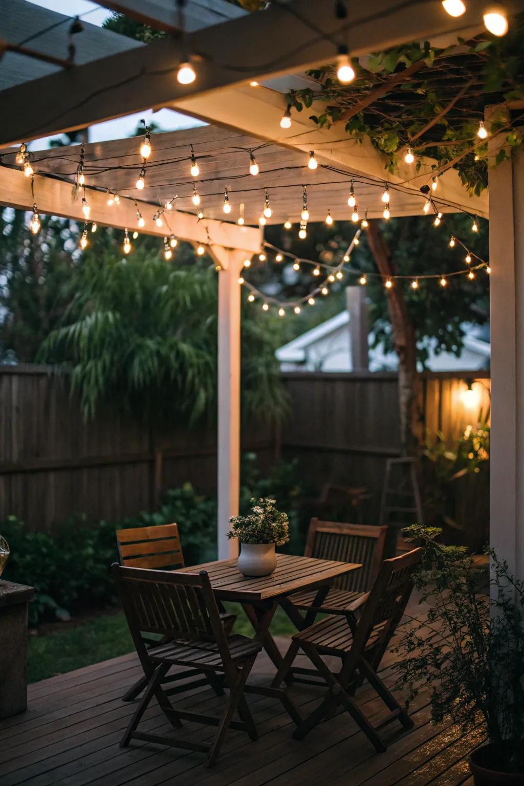 String lights add a warm glow to any small patio space.