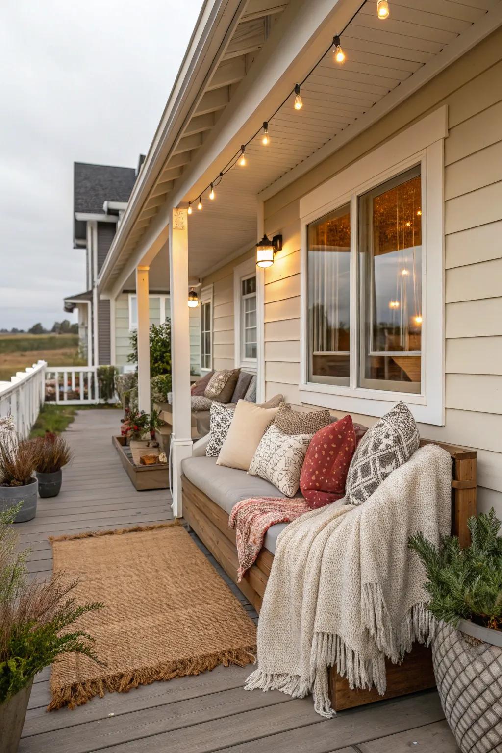 A cozy nook with cushions on a bungalow porch.