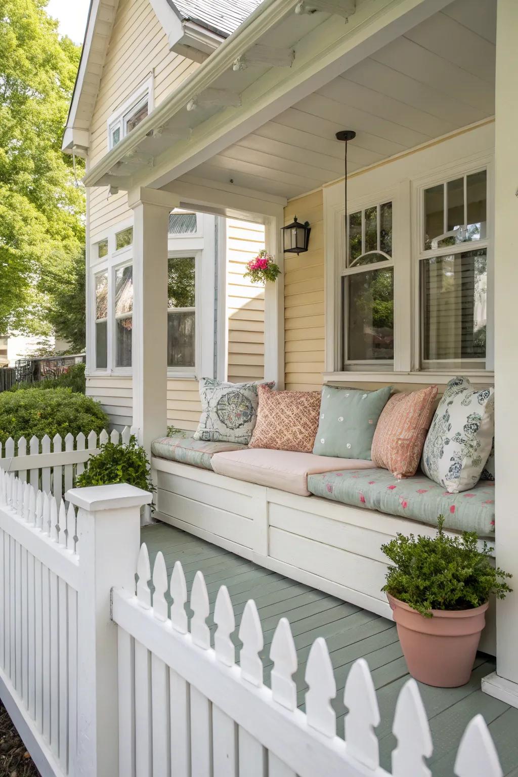 A porch featuring sleek built-in seating.