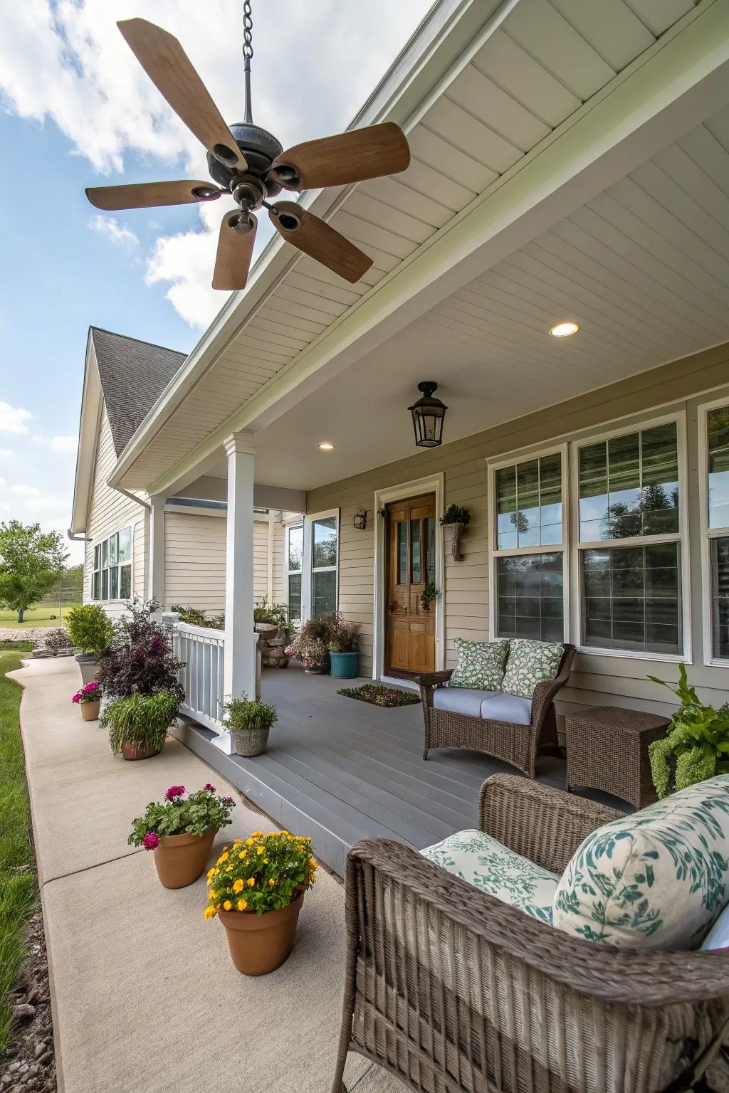 A porch with a ceiling fan for comfort.