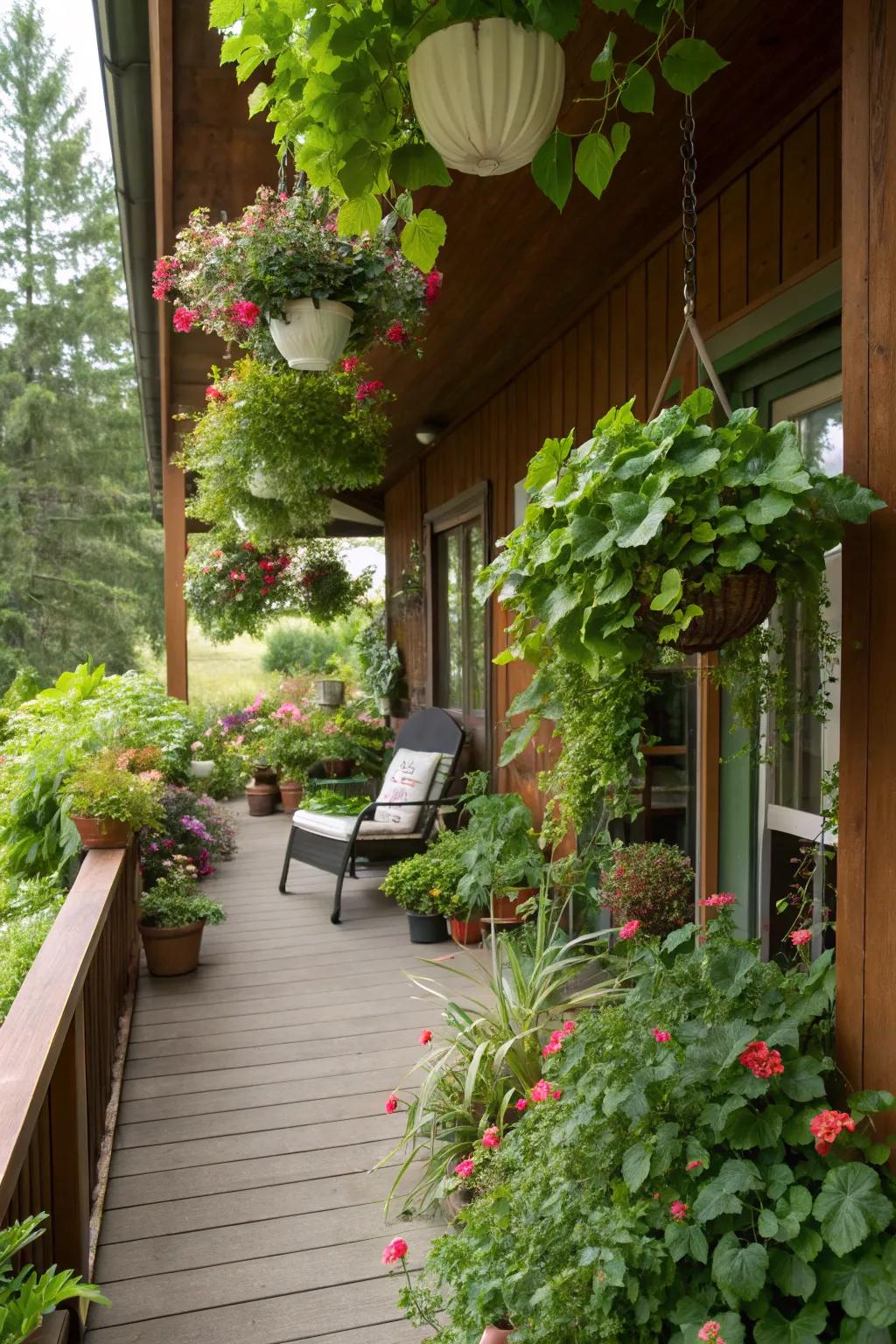 Lush greenery adding life to a bungalow porch.