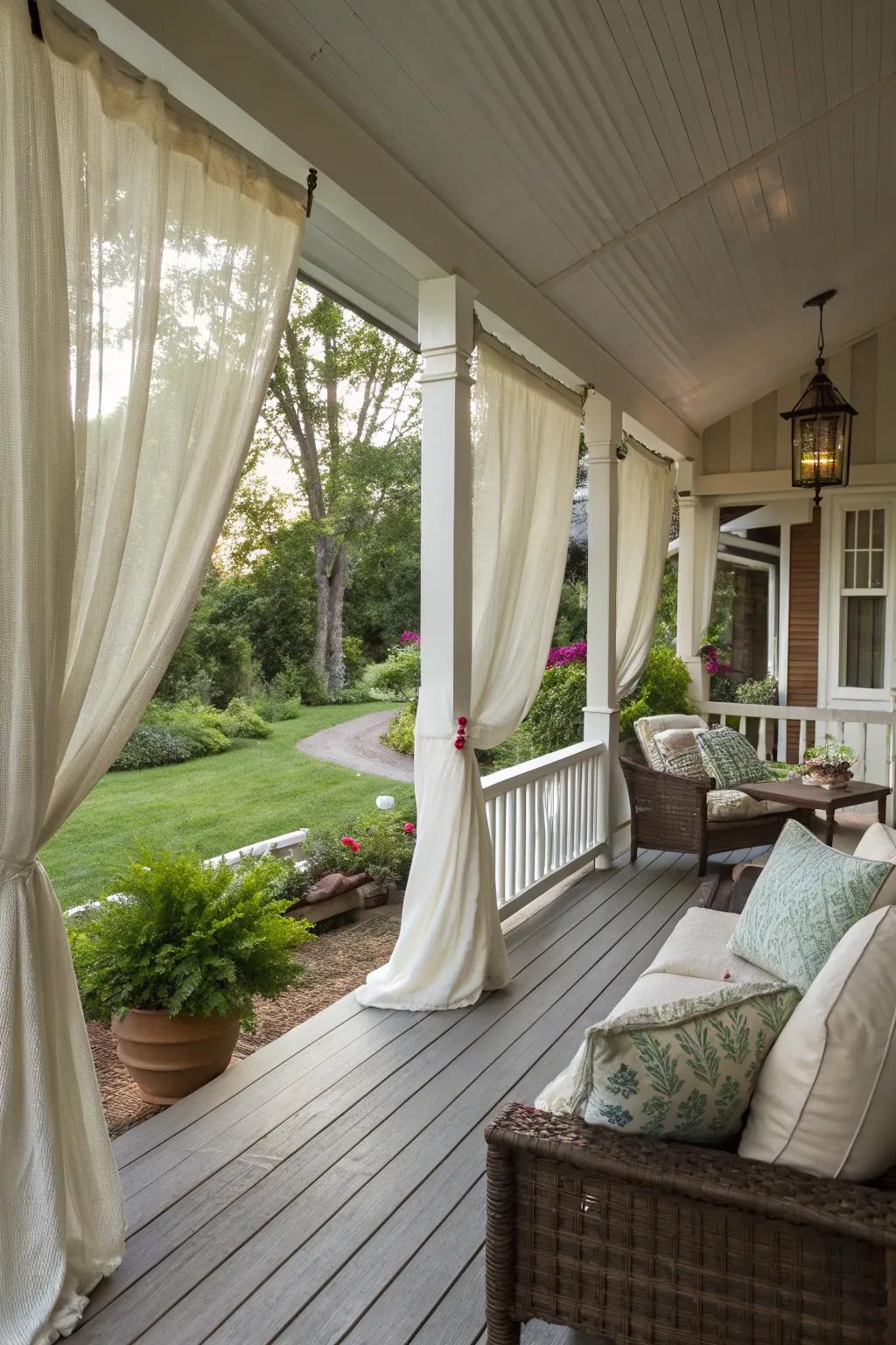 Elegant outdoor curtains providing privacy on a porch.