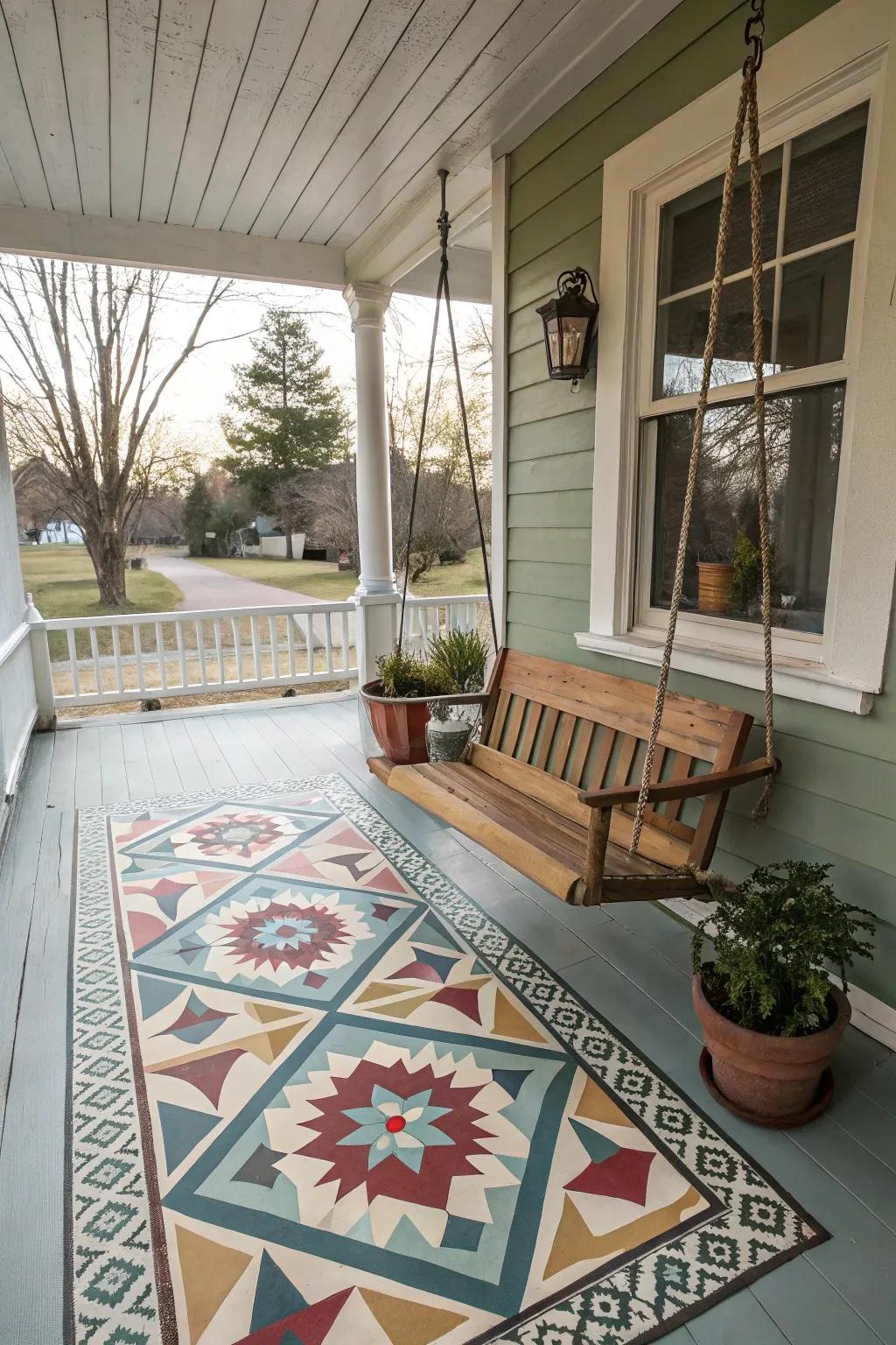 A creatively painted porch floor.