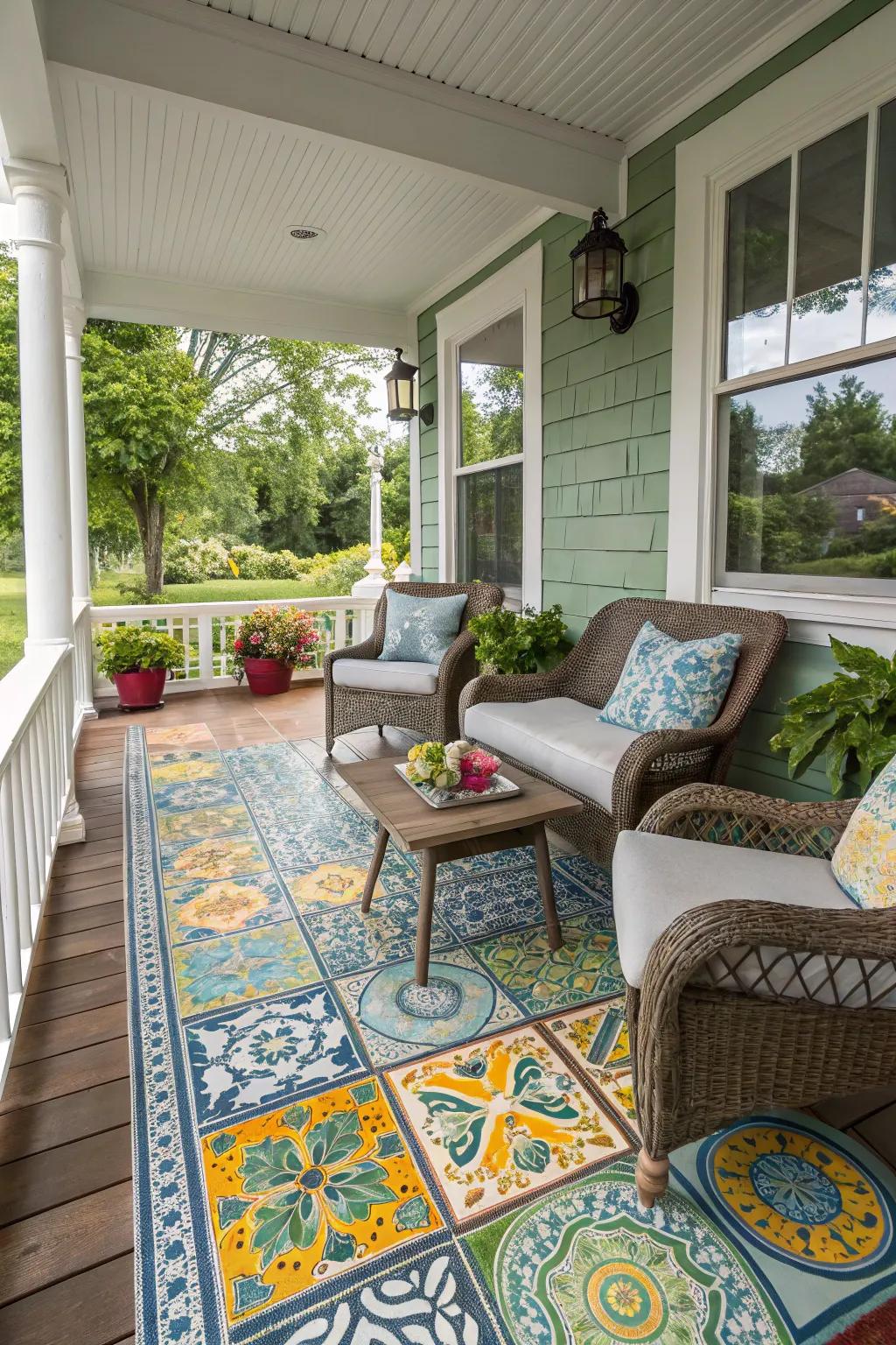 A stylish porch with eye-catching tiles.