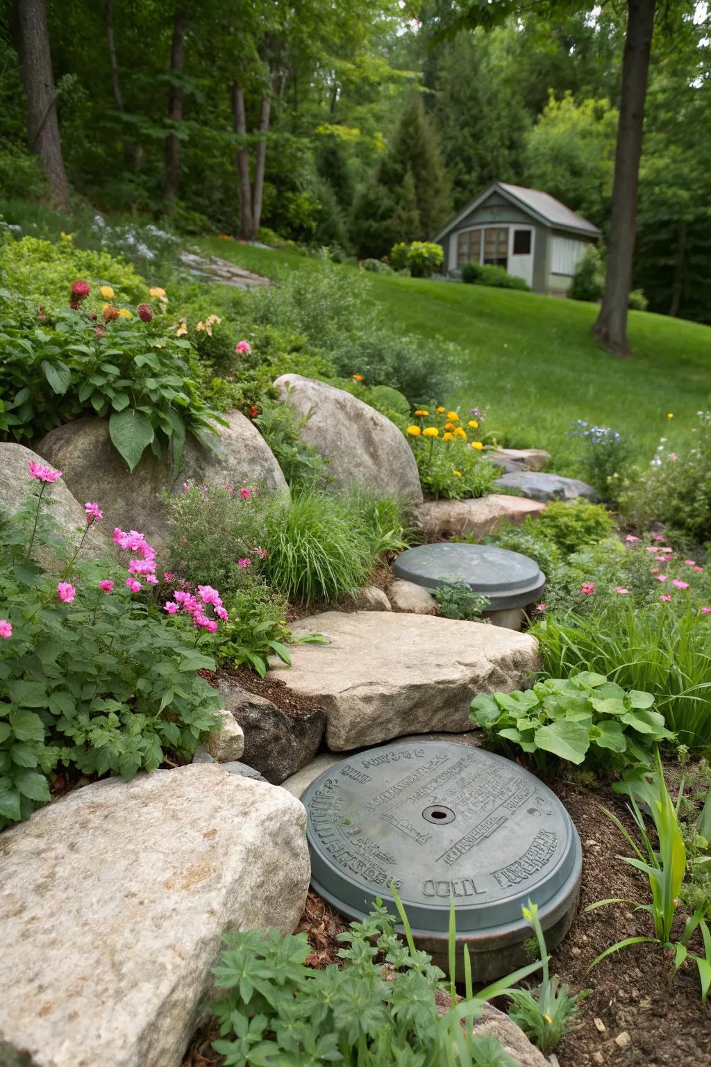 Faux rocks blend seamlessly into the landscape, hiding septic lids.