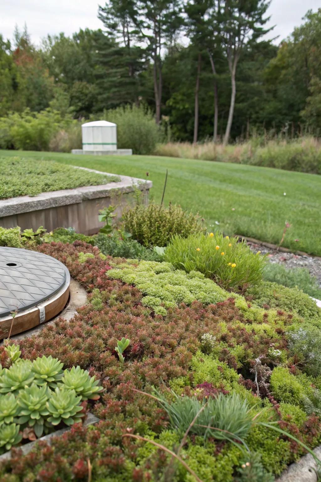 Grass alternatives like sedum add texture and interest.