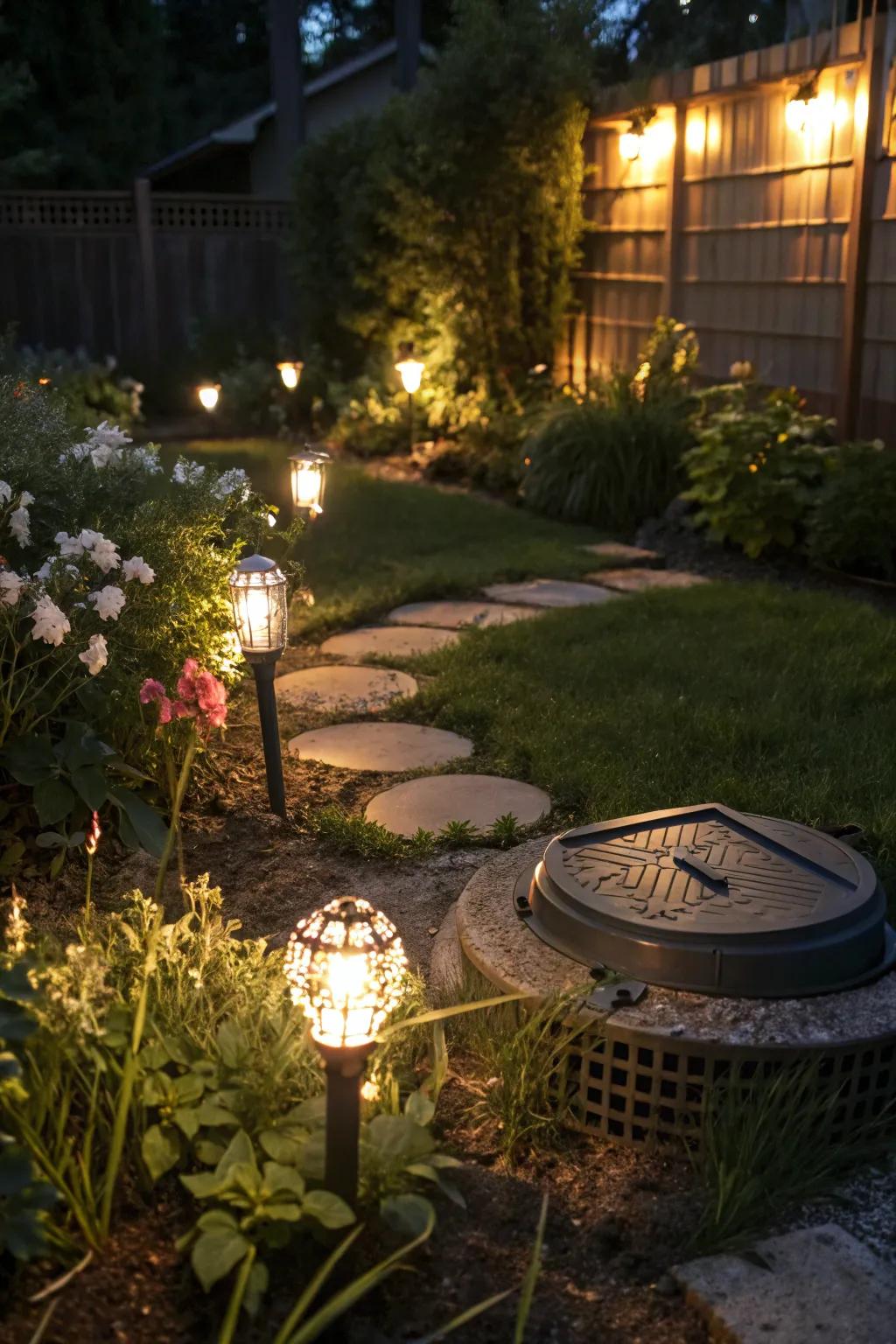 Artful lighting enhances the garden ambiance around the septic area.