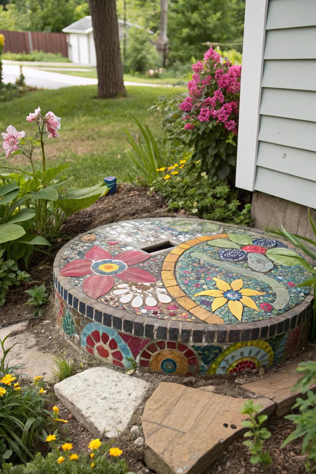 A mosaic turns a septic tank cover into a garden art piece.