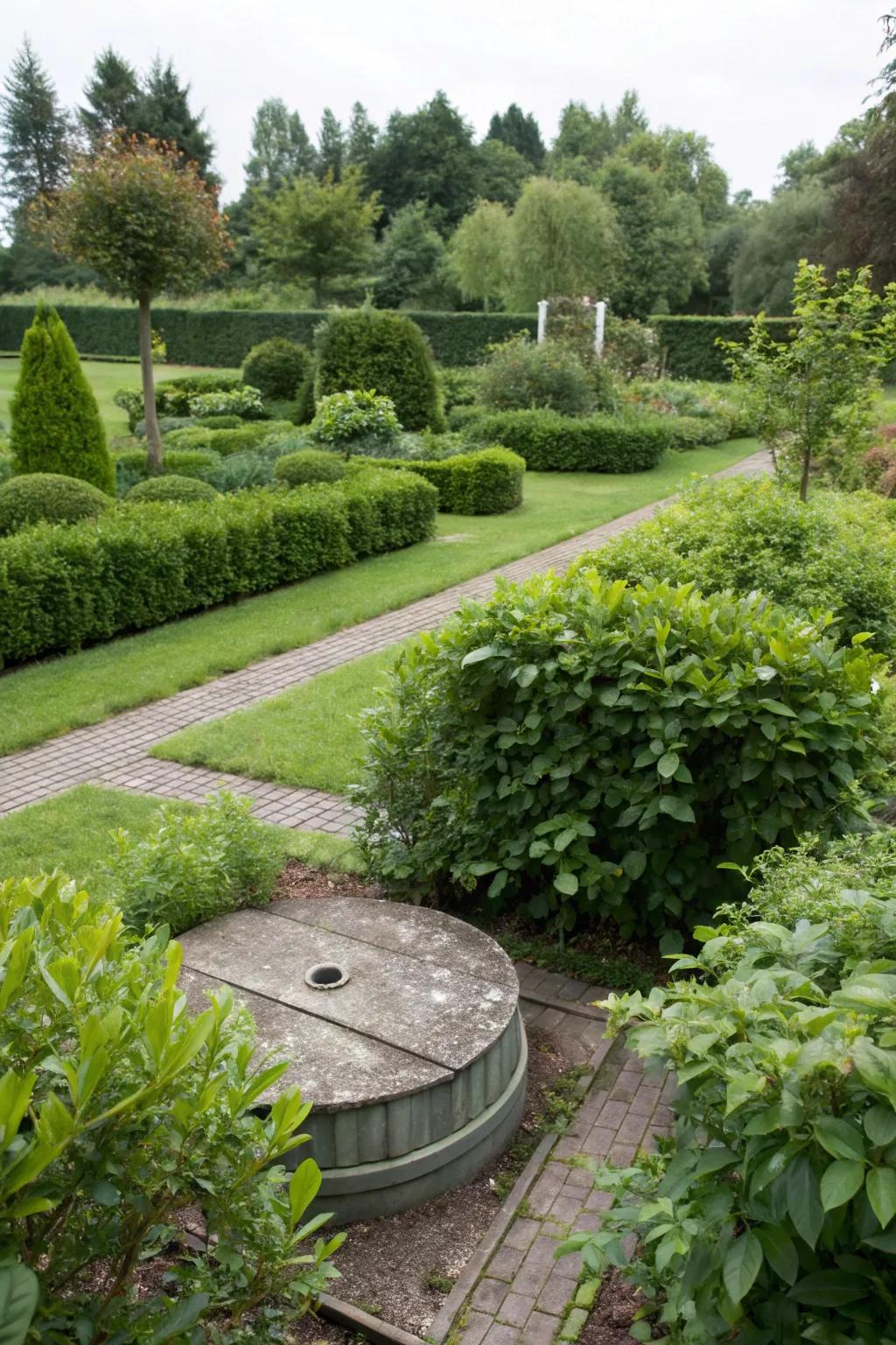 Natural borders of shrubs subtly mark the septic area.