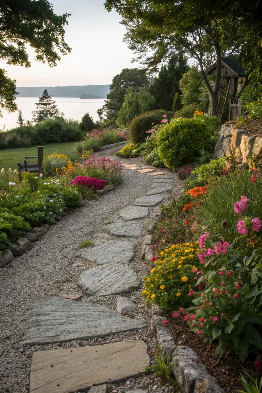 A quaint pathway distracts from the septic tank while adding charm.