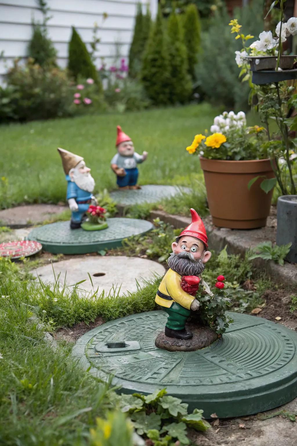 Garden gnomes add a touch of fun while covering septic lids.