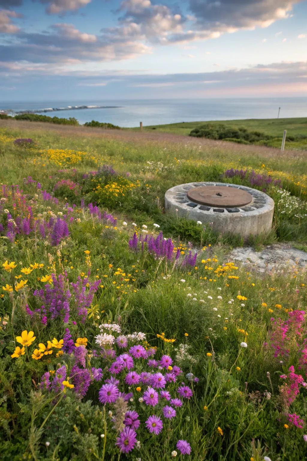 A wildflower meadow naturally integrates the septic area.