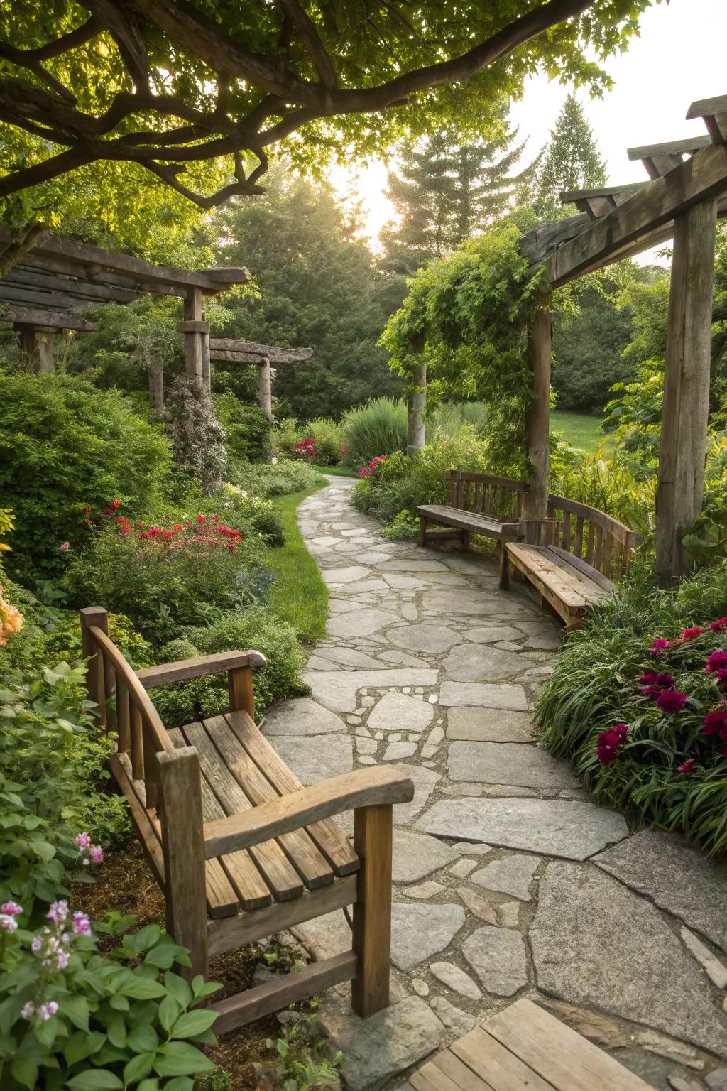 Natural materials enhance the garden's organic feel.