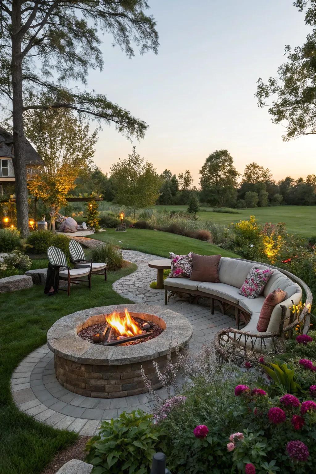 A fire pit creates a warm focal point for your garden.