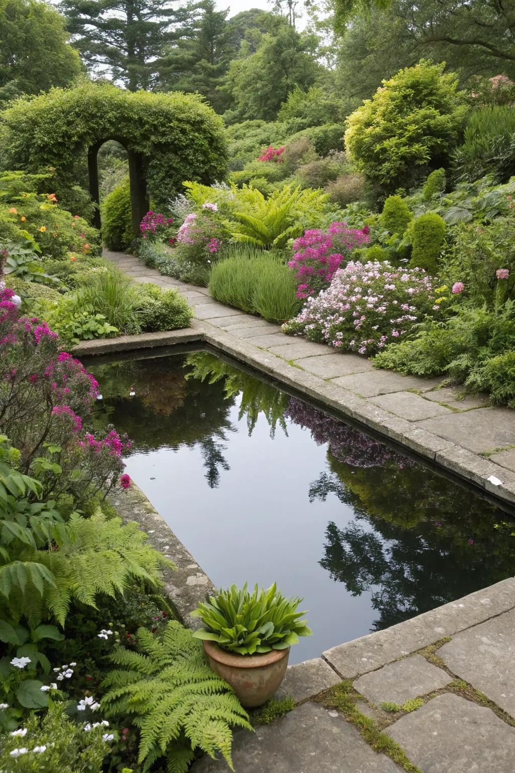 A reflecting pool mirrors the beauty of your garden.