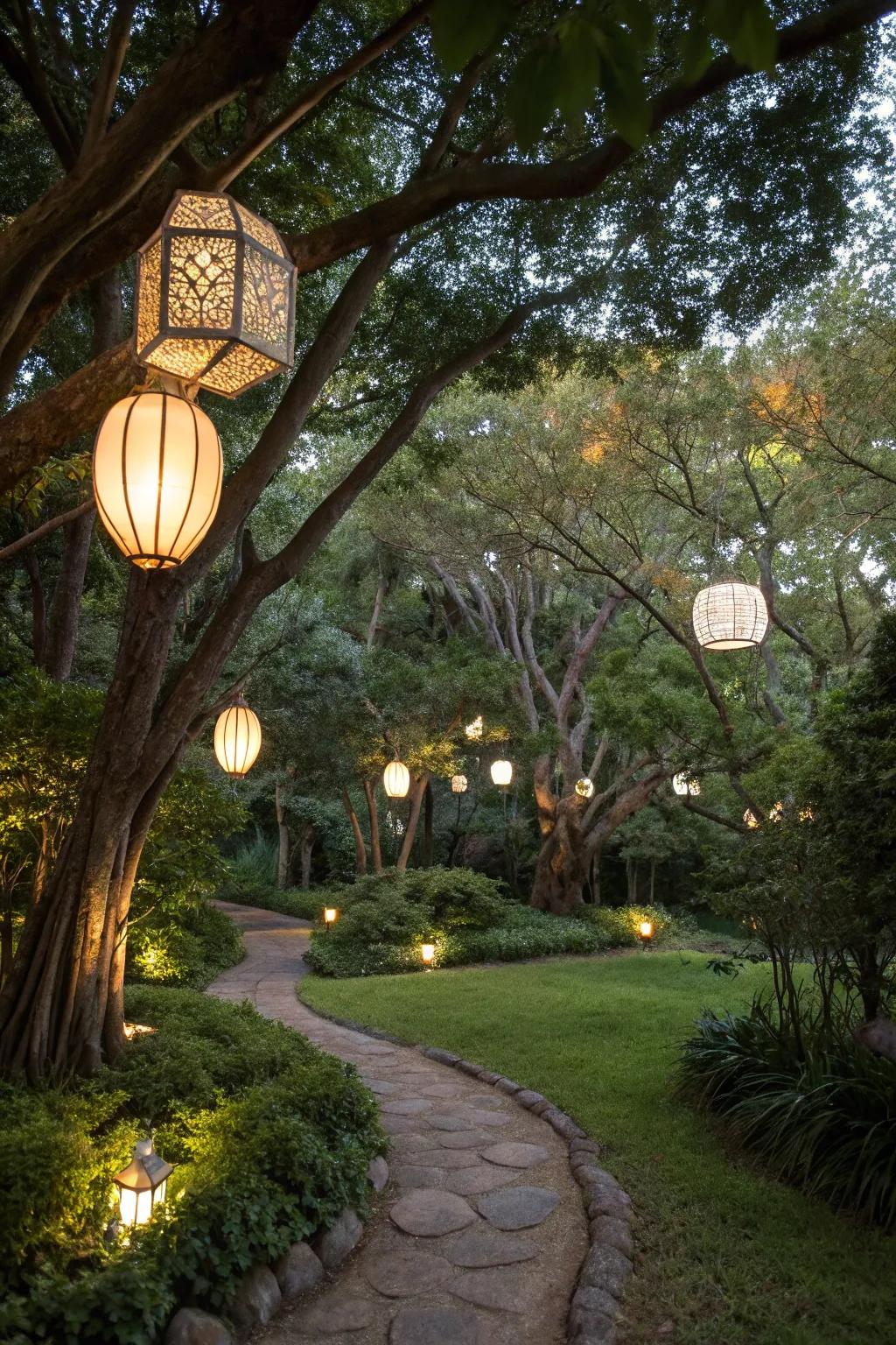 Lanterns create a magical ambiance in the garden at night.