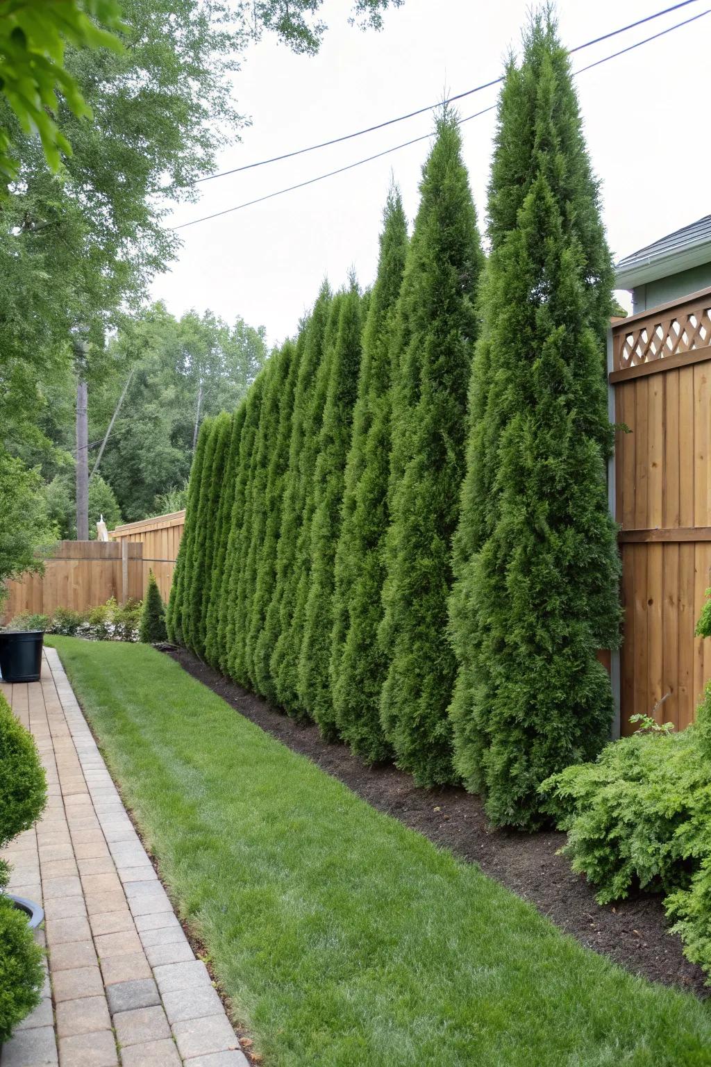 Arborvitae shrubs provide a lush, evergreen privacy screen.